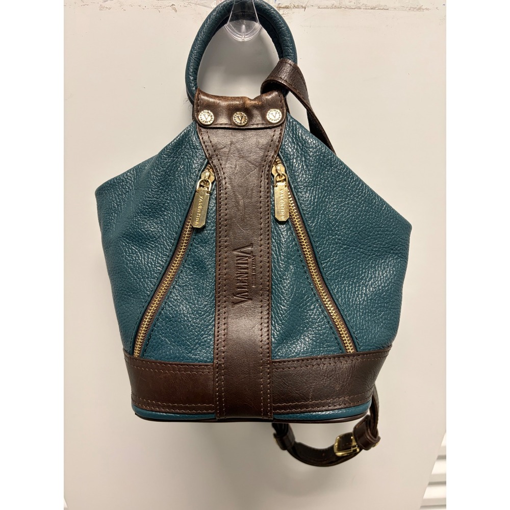 Vintage Valentina Pebble Leather Convertible Teal Brown‎ Made in Italy Good